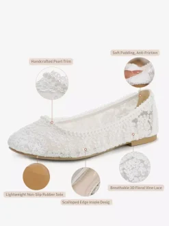 Flat Bridal Shoes Round Toe Pearls Lace Vintage Wedding Shoes
