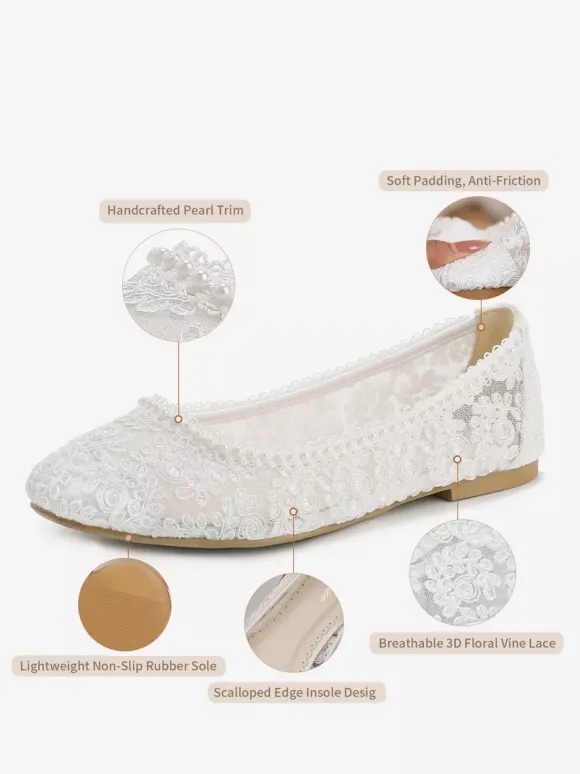 Flat Bridal Shoes Round Toe Pearls Lace Vintage Wedding Shoes