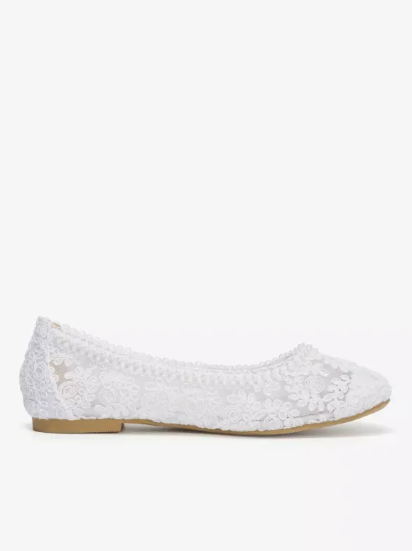 Flat Bridal Shoes Round Toe Pearls Lace Vintage Wedding Shoes