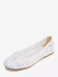 Flat Bridal Shoes Round Toe Pearls Lace Vintage Wedding Shoes