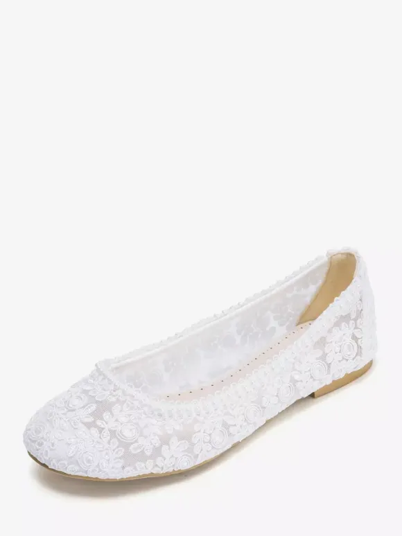 Flat Bridal Shoes Round Toe Pearls Lace Vintage Wedding Shoes