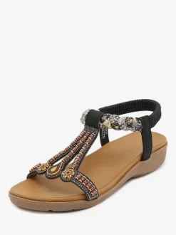 Flat Sandal Flat Open Toe PU Leather Studded T-Strap Casual Slipper Sandals