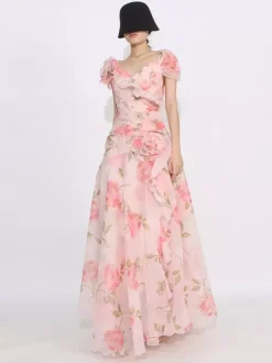 Flattering Pink Rose Patterned Maxi Gown With Asymmetrical Hem