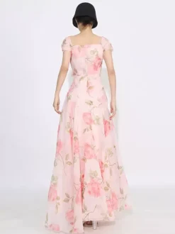 Flattering Pink Rose Patterned Maxi Gown With Asymmetrical Hem