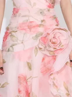 Flattering Pink Rose Patterned Maxi Gown With Asymmetrical Hem