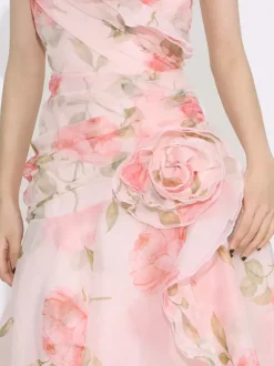 Flattering Pink Rose Patterned Maxi Gown With Asymmetrical Hem