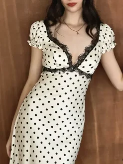 Flattering V Neck Cream Maxi Dress With Black Dots Ideal For Evenings