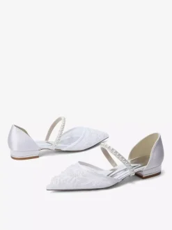 Flat Wedding Shoes Mesh Pointed Toe Pearls Bridal Shoes