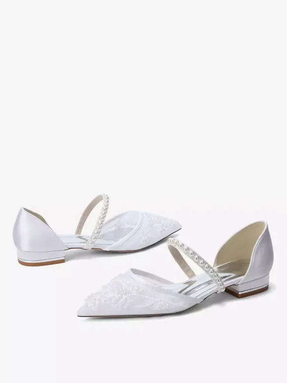 Flat Wedding Shoes Mesh Pointed Toe Pearls Bridal Shoes