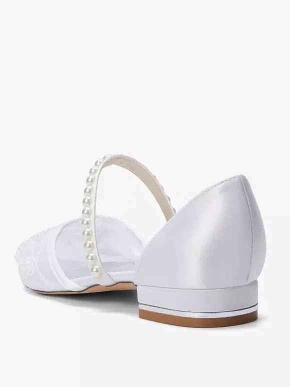 Flat Wedding Shoes Mesh Pointed Toe Pearls Bridal Shoes