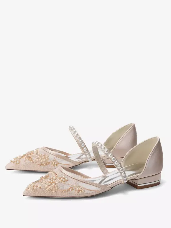 Flat Wedding Shoes Mesh Pointed Toe Pearls Bridal Shoes