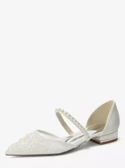 Flat Wedding Shoes Mesh Pointed Toe Pearls Bridal Shoes