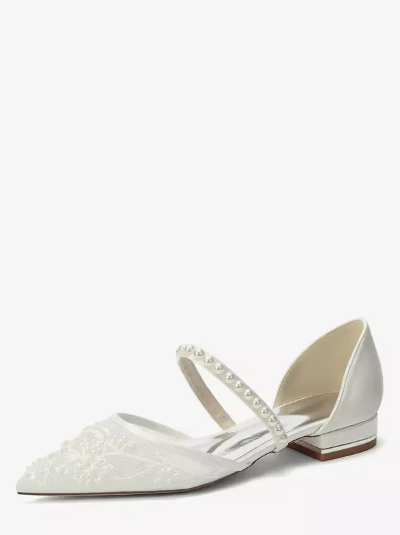 Flat Wedding Shoes Mesh Pointed Toe Pearls Bridal Shoes