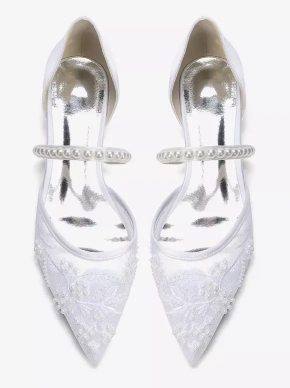 Flat Wedding Shoes Mesh Pointed Toe Pearls Bridal Shoes