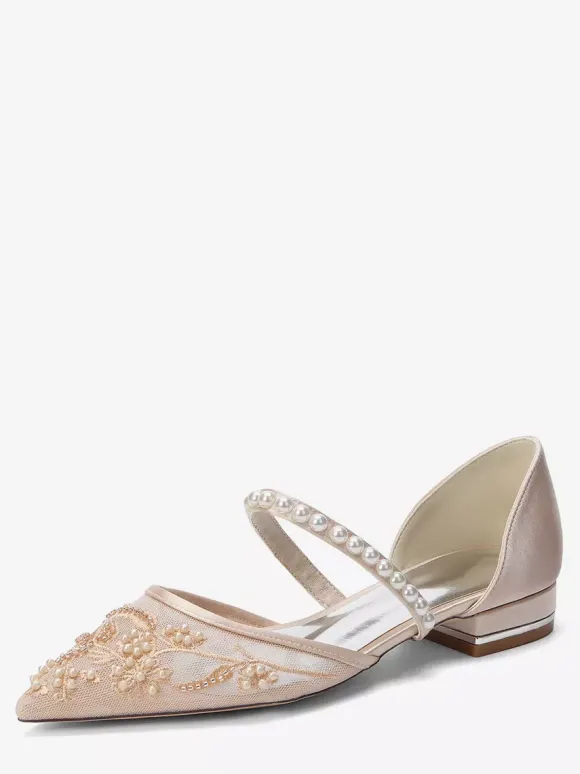Flat Wedding Shoes Mesh Pointed Toe Pearls Bridal Shoes