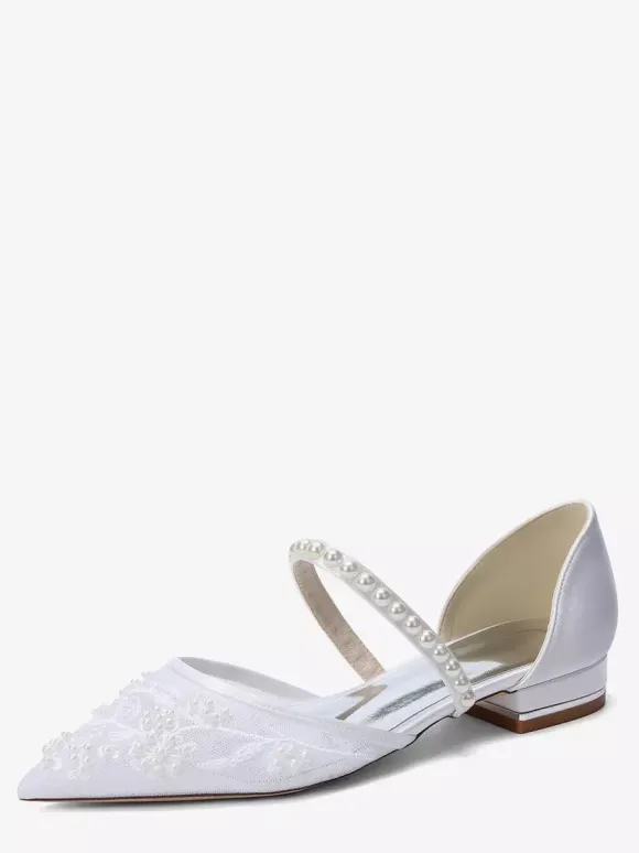 Flat Wedding Shoes Mesh Pointed Toe Pearls Bridal Shoes
