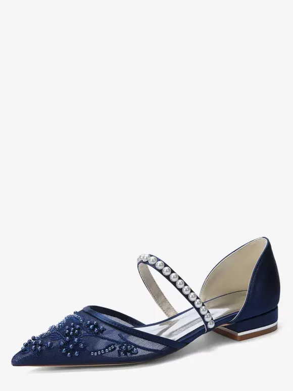 Flat Wedding Shoes Mesh Pointed Toe Pearls Bridal Shoes