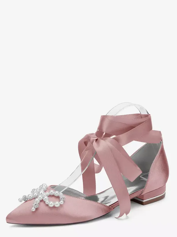 Flat Wedding Shoes Pearls Bow Lace Up Bridal Shoes