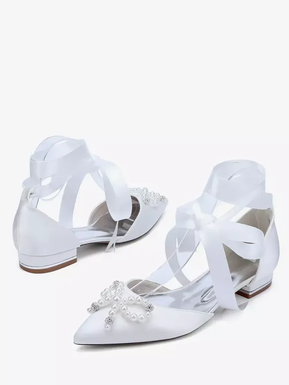 Flat Wedding Shoes Pearls Bow Lace Up Bridal Shoes