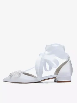 Flat Wedding Shoes Pearls Bow Lace Up Bridal Shoes