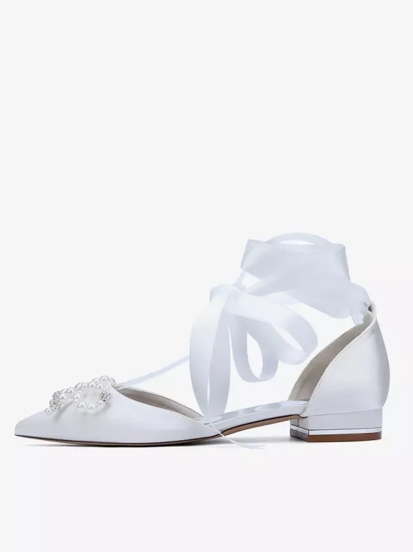 Flat Wedding Shoes Pearls Bow Lace Up Bridal Shoes