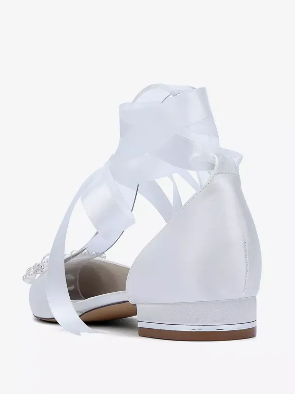 Flat Wedding Shoes Pearls Bow Lace Up Bridal Shoes