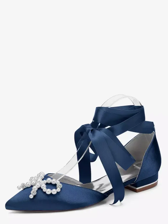 Flat Wedding Shoes Pearls Bow Lace Up Bridal Shoes