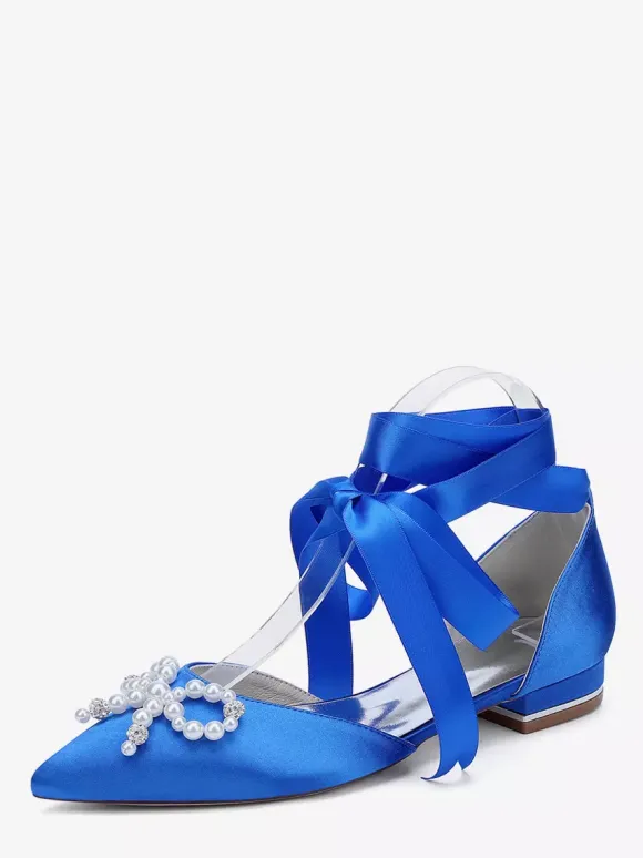 Flat Wedding Shoes Pearls Bow Lace Up Bridal Shoes