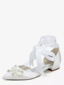 Flat Wedding Shoes Pearls Bow Lace Up Bridal Shoes