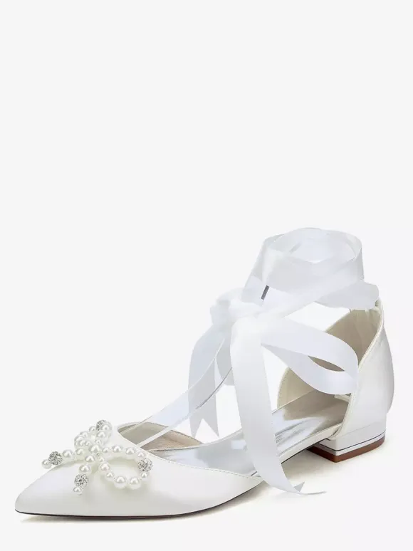 Flat Wedding Shoes Pearls Bow Lace Up Bridal Shoes