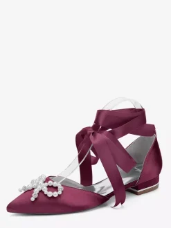 Flat Wedding Shoes Pearls Bow Lace Up Bridal Shoes