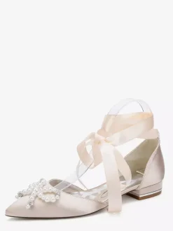 Flat Wedding Shoes Pearls Bow Lace Up Bridal Shoes