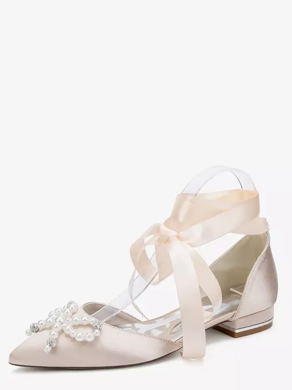 Flat Wedding Shoes Pearls Bow Lace Up Bridal Shoes