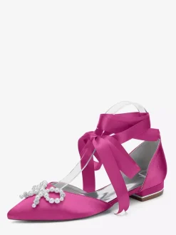 Flat Wedding Shoes Pearls Bow Lace Up Bridal Shoes