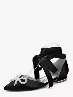 Flat Wedding Shoes Pearls Bow Lace Up Bridal Shoes
