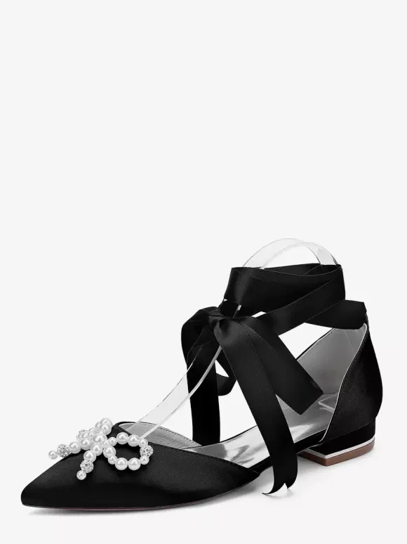 Flat Wedding Shoes Pearls Bow Lace Up Bridal Shoes