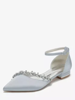 Flat Wedding Shoes Satin Pointed Toe Rhinestones Ankle Strap Bridal Shoes