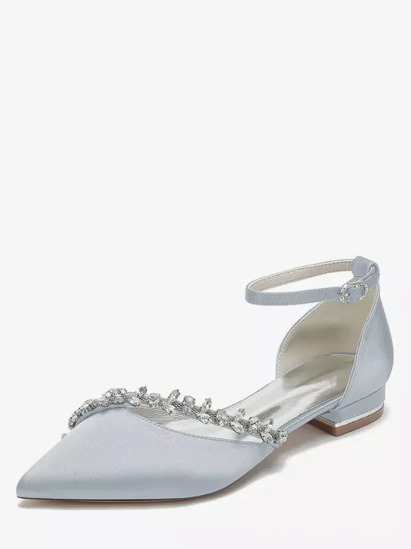 Flat Wedding Shoes Satin Pointed Toe Rhinestones Ankle Strap Bridal Shoes