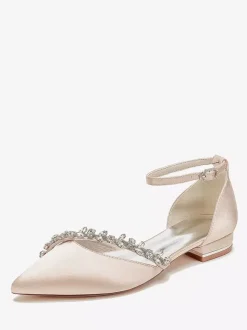 Flat Wedding Shoes Satin Pointed Toe Rhinestones Ankle Strap Bridal Shoes