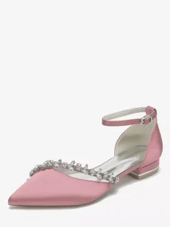 Flat Wedding Shoes Satin Pointed Toe Rhinestones Ankle Strap Bridal Shoes