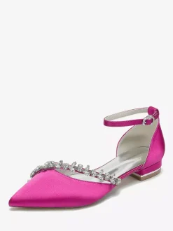 Flat Wedding Shoes Satin Pointed Toe Rhinestones Ankle Strap Bridal Shoes