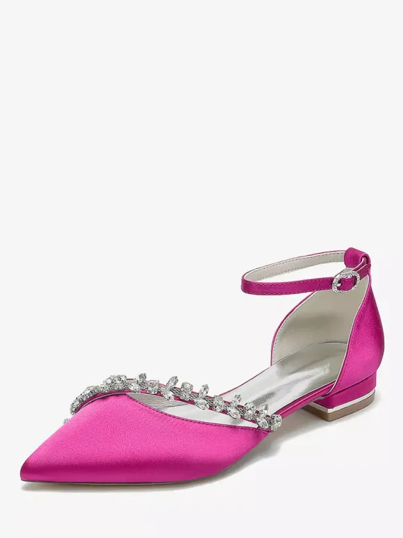 Flat Wedding Shoes Satin Pointed Toe Rhinestones Ankle Strap Bridal Shoes