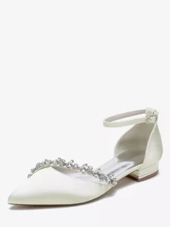 Flat Wedding Shoes Satin Pointed Toe Rhinestones Ankle Strap Bridal Shoes