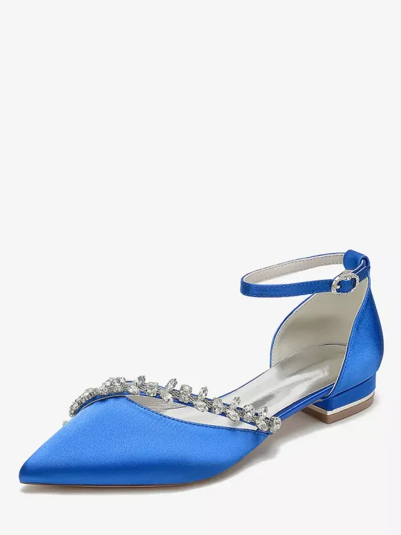 Flat Wedding Shoes Satin Pointed Toe Rhinestones Ankle Strap Bridal Shoes