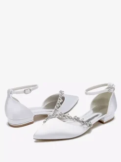 Flat Wedding Shoes Satin Pointed Toe Rhinestones Ankle Strap Bridal Shoes