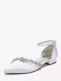 Flat Wedding Shoes Satin Pointed Toe Rhinestones Ankle Strap Bridal Shoes