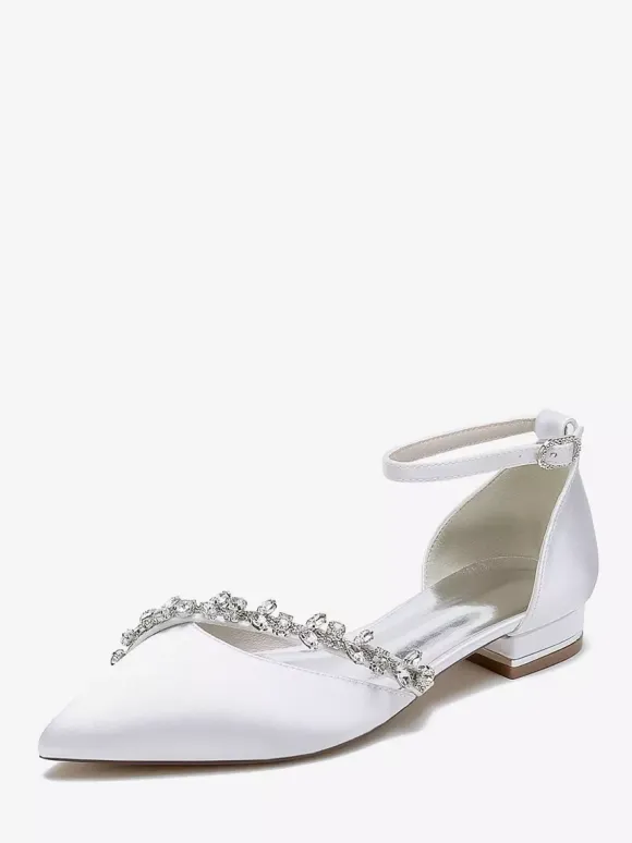 Flat Wedding Shoes Satin Pointed Toe Rhinestones Ankle Strap Bridal Shoes