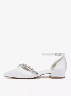 Flat Wedding Shoes Satin Pointed Toe Rhinestones Ankle Strap Bridal Shoes