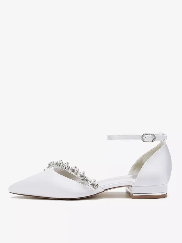 Flat Wedding Shoes Satin Pointed Toe Rhinestones Ankle Strap Bridal Shoes