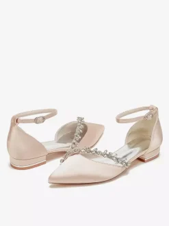 Flat Wedding Shoes Satin Pointed Toe Rhinestones Ankle Strap Bridal Shoes